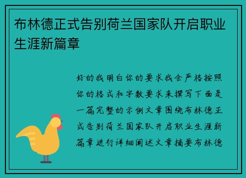 布林德正式告别荷兰国家队开启职业生涯新篇章 布林德正式告别荷兰国家队开启职业生涯新篇章