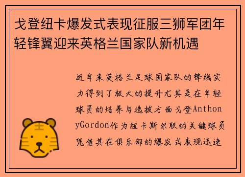 戈登纽卡爆发式表现征服三狮军团年轻锋翼迎来英格兰国家队新机遇